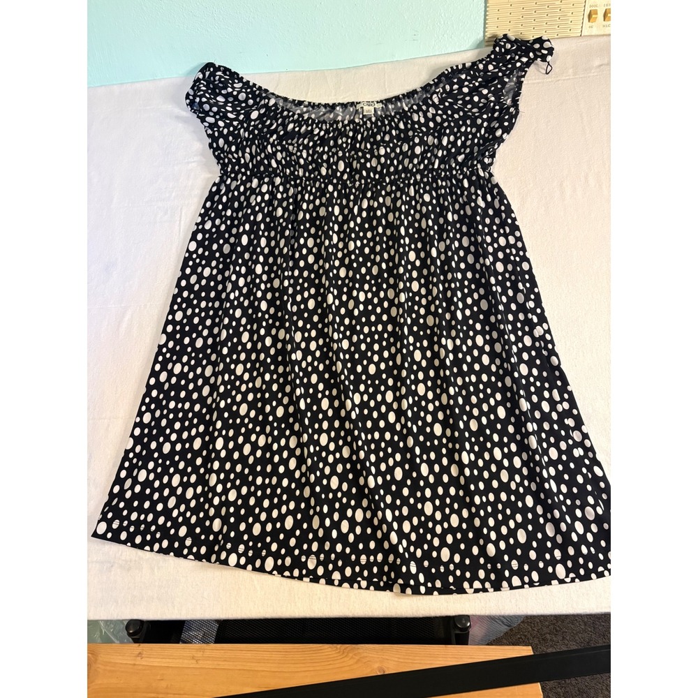 Cato Women Black White Polka Dot Smocked Off Shoulder Babydoll Top Large 1310
